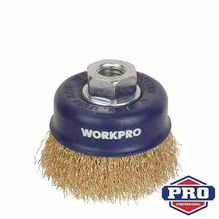 Щетка для УШМ М14, чашка 100мм, витая латунированная проволока Workpro/PRO